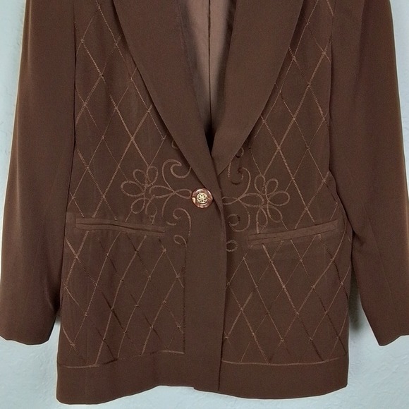 La Moda Womens Blazer 10 Brown Embroider Button Front Single Breast Notch Lapel - Picture 3 of 13